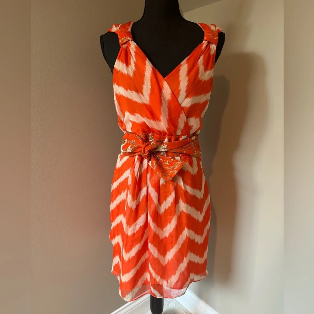 MILLY‎ New York Silk Dress Vintage Style Party Dress Orange White Mini Size 6